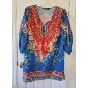 Urban CoCo Womens XXL Blue Red Baroque Floral Tassel Tunic Blouse Boho Kaftan